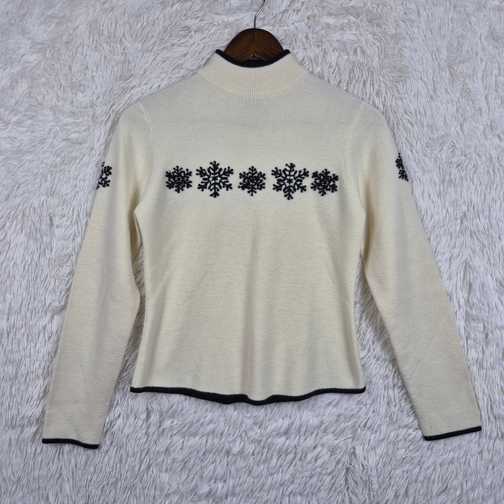 Vtg Obermeyer Womens Small Snowflake Wool Blend Mock Neck Sweater Cream Ski
